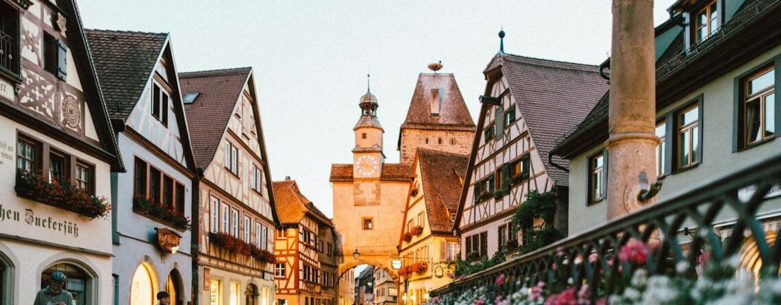 white and pink petaled flowers on metal fence near concrete houses and tower at daytime